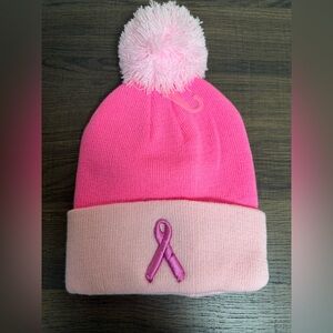 Pink Pom-Pom Beanie with Breast Cancer Awareness Ribbon